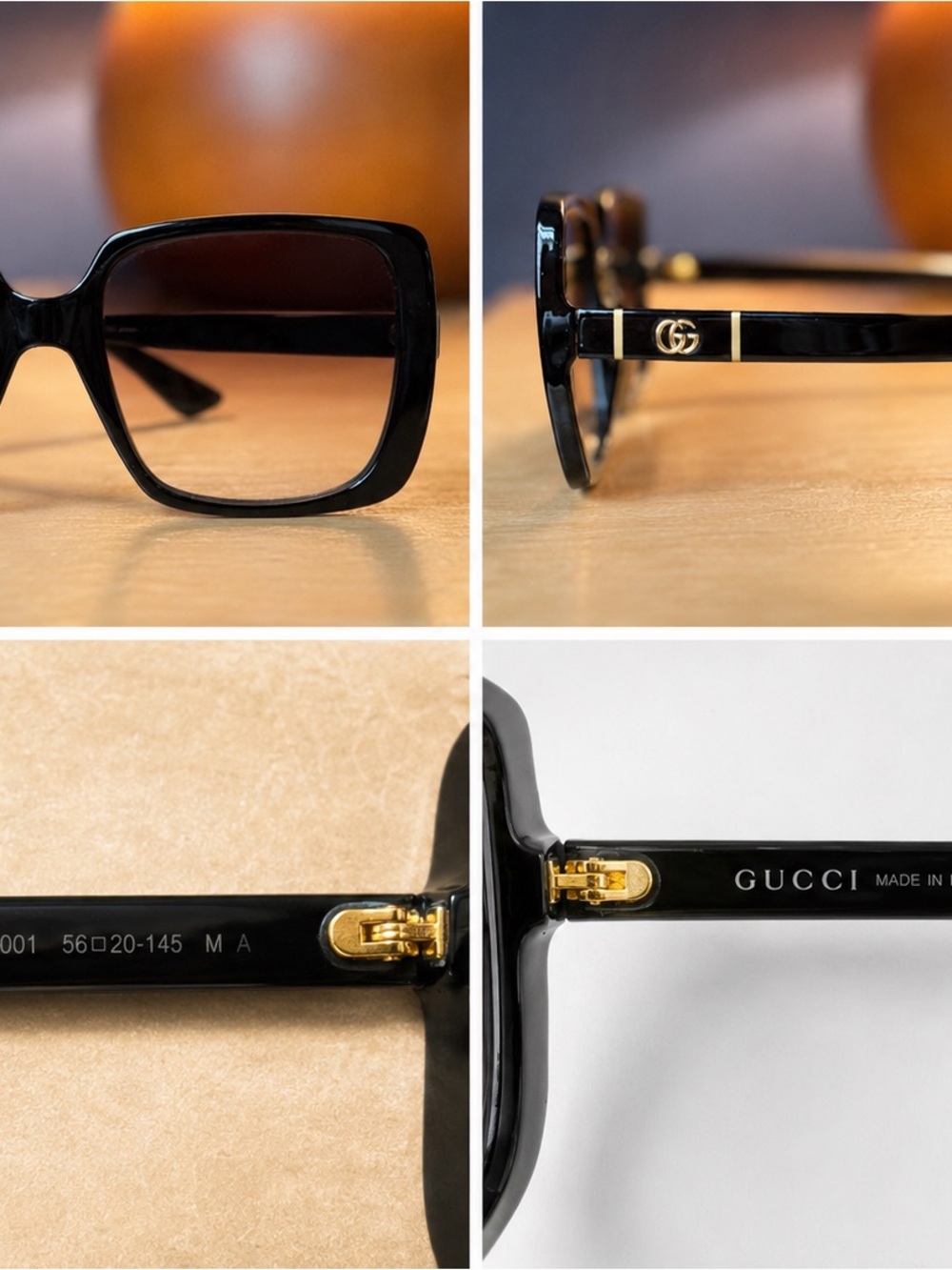 Gucci GG0022S Oversized Square Sunglasses Black Gold Women’s Designer Shades